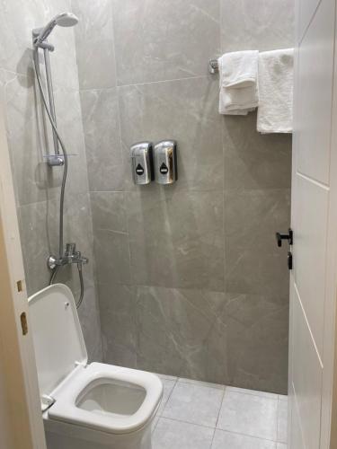 dana hotel apartments في الطائف: حمام مع مرحاض ومقصورة دش