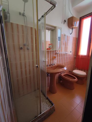 La salle de bains est pourvue d'une douche, de toilettes et d'un lavabo. dans l'établissement Affreschi & Trabocchi House, à Treglio