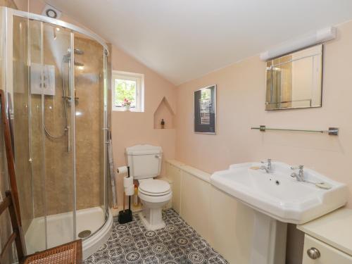 een badkamer met een toilet, een wastafel en een douche bij The Cottage in Highbridge