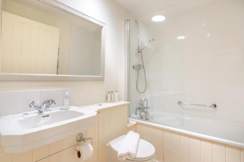 a bathroom with a sink and a shower and a toilet at Folly Cottage in Eastdean