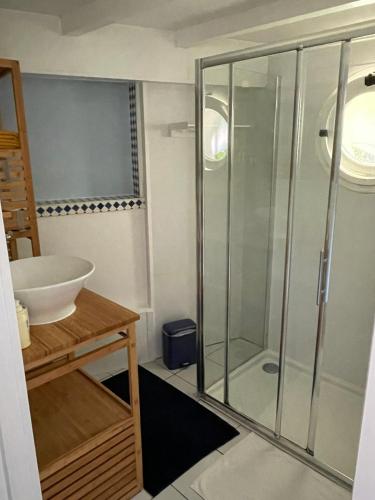 une salle de bain avec une douche en verre et un lavabo dans l'établissement Mérig'home Chambre BD climatisée dans maison avec piscine au calme en ville, SdB & toilettes privés, à Angoulême