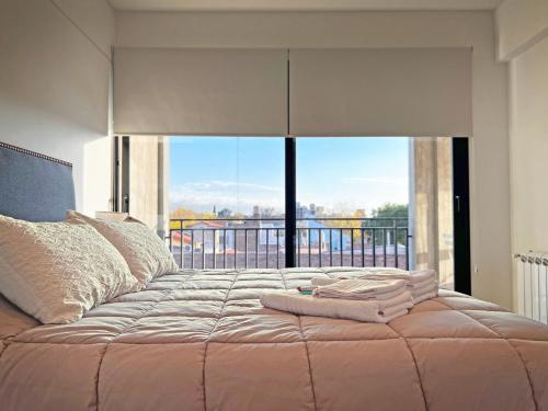 1 dormitorio con 1 cama grande y ventana grande en Parque Pueyrredon VIII en Mendoza