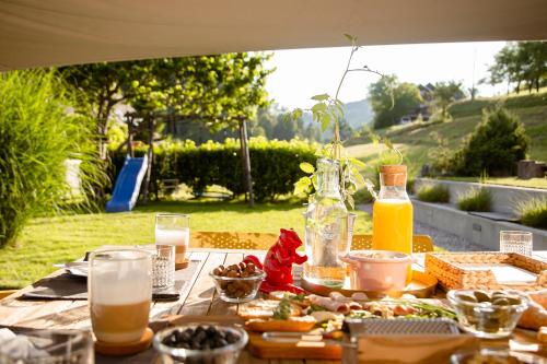 - une table de pique-nique avec de la nourriture et des boissons dans l'établissement Modern house T&D for 7 pax with spacious garden, à Zgornje Gorje