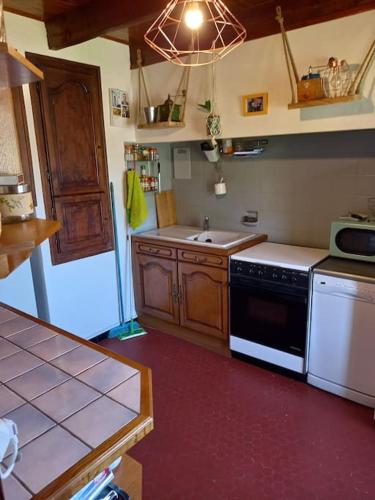 une cuisine avec un évier et une cuisinière four supérieur dans l'établissement Maison avec magnifique vue, Gorges du Tarn et Jonte, à Peyreleau