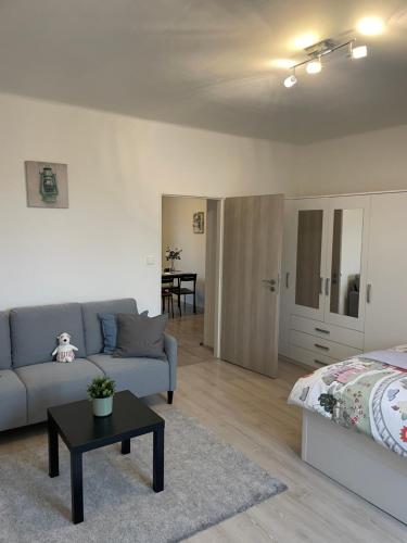 a living room with a couch and a bed and a table at Apartmány Fifejdy, Ostrava, centrum in Ostrava