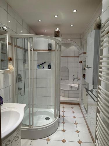 een badkamer met een douche, een wastafel en een bad bij Luxury Apartment near City Media Harbour in Düsseldorf