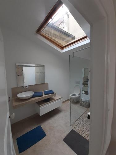 een badkamer met een wastafel, een spiegel en een toilet bij centre ville, chambre indépendante 20m2 et sa salle de bain privée in Nogent-le-Rotrou