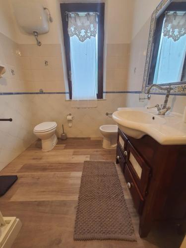 a bathroom with a sink and a toilet and a mirror at Flamignano relax e natura in Tossicia