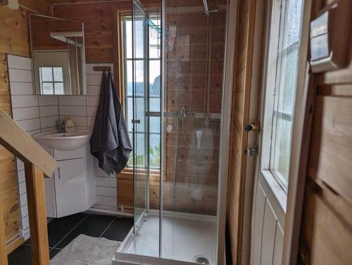 ein Bad mit einer Dusche, einem WC und einem Waschbecken in der Unterkunft Hardangerfjord view 2 in Kvam