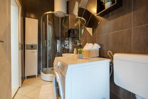 uma casa de banho com uma máquina de lavar roupa e um chuveiro em Ivano em Ston
