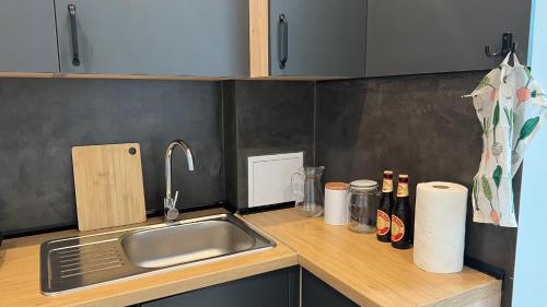 a kitchen with a sink and a counter top at Mikro kawalerka u Edzia in Zwierzyniec