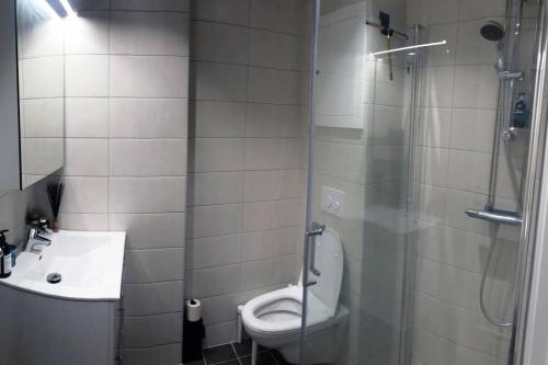 a bathroom with a shower and a toilet and a sink at Super-central and attractive Apartment in Oslo