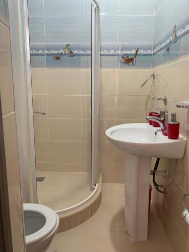 uma casa de banho com um chuveiro, um lavatório e um WC. em CHINAR hotel em Kaji-Say