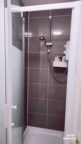 a shower with a glass door in a bathroom at Studio Flat, close to o2 Arena and City Airport in Woolwich
