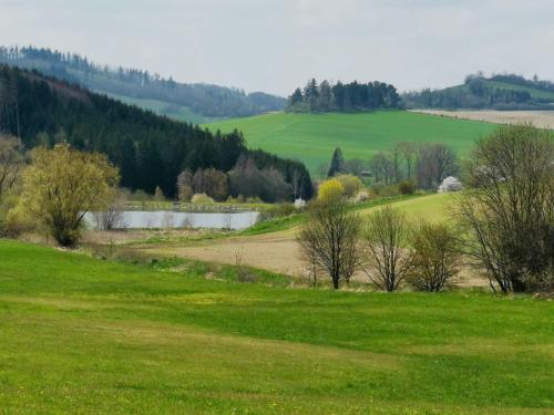 a green field with trees and a lake in the distance at Romantická Chalupa Louka in Louka