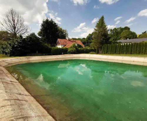 a pool of green water in front of a house at Romantická Chalupa Louka in Louka