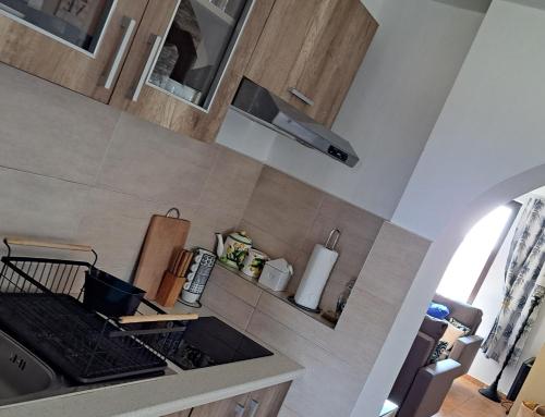 a kitchen with a stove top oven next to a sink at Grapeline Guesthouse in Chotín
