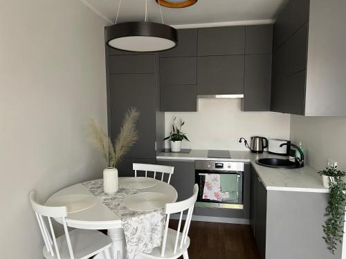 a kitchen with a table and chairs in a kitchen at Apartment Kvartsi in Tartu