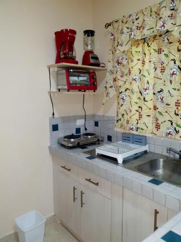 a kitchen with a sink and a microwave at Como el Calor de tu hogar in San Pedro Sula