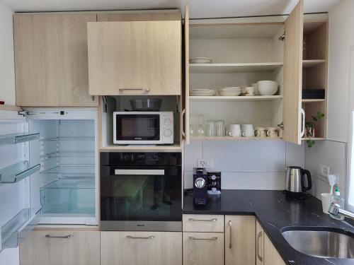 a kitchen with a microwave oven and a sink at Les petits Rosiers in Tramelan