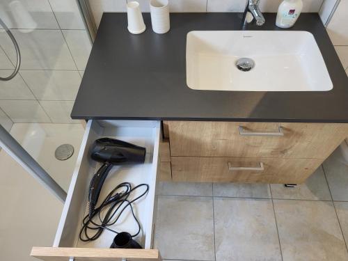 a bathroom with a sink and a counter at Les petits Rosiers in Tramelan