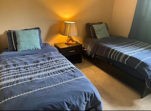 a bedroom with two beds and a lamp on a night stand at Spacious and Comfy ! in Victoria