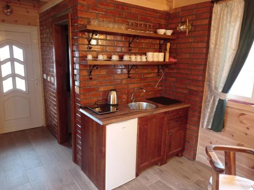 uma cozinha com uma parede de tijolos e um lavatório em Cottage Usovic em Žabljak