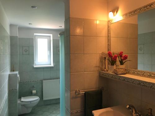 ein Bad mit einem Waschbecken, einem WC und einem Fenster in der Unterkunft Rodinný apartmán Villa Familia in Bojnice