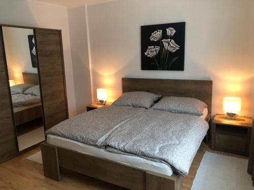 波切尼斯的住宿－Rodinný apartmán Villa Familia，一间卧室配有一张床和镜子