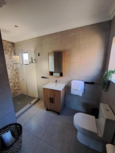 a bathroom with a shower and a sink and a toilet at Greenhouse in Boksburg