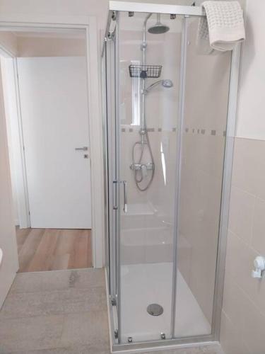 a shower with a glass door in a bathroom at Casa Elly in Riva di Solto