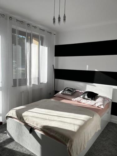 een slaapkamer met een groot bed met zwarte en witte strepen bij Bieszczadzki Zakątek in Ustrzyki Dolne