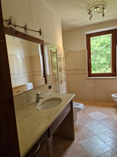La salle de bains est pourvue d'un lavabo, d'un miroir et de toilettes. dans l'établissement "Cortela", à SantʼAmbrogio di Valpolicella