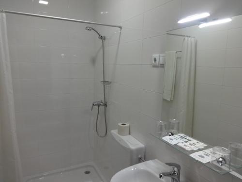 a white bathroom with a shower and a toilet at Hotel Sinagoga in Tomar