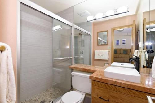 een badkamer met een douche, een toilet en een wastafel bij Snowmass Village 2 Bedroom Premier Condo At Crestwood in Aspen