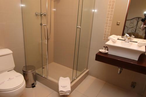 a bathroom with a shower and a toilet and a sink at Hotel Tierrasur in Arequipa