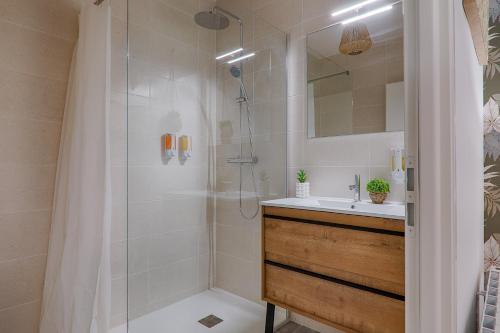a bathroom with a shower and a sink at La Bouverie in Romans-sur-Isère