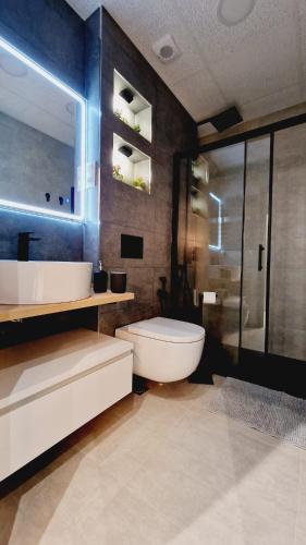 馬德里的住宿－La Promesa，浴室配有卫生间、盥洗盆和淋浴。