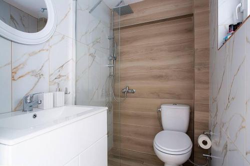 een badkamer met een toilet, een wastafel en een spiegel bij Downtown oasis in Kamena Vourla