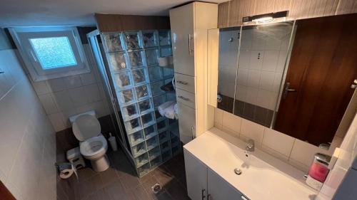 een badkamer met een wastafel, een toilet en een spiegel bij campo villa in Mesimvría