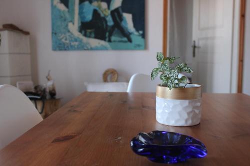 a plant in a pot sitting on a wooden table at The Light Blue House in Karavostamo