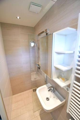 a bathroom with a shower and a sink and a sink at Vrijvakantiehuis Houtenburgseweg 22 in Zoutelande