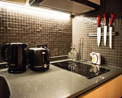 a kitchen with a counter with a toaster and a sink at Loft Nuevo en Santiago, Barrio Lastarria in Santiago