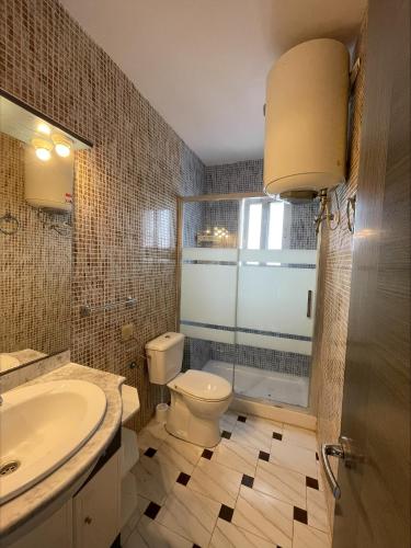 La salle de bains est pourvue de toilettes, d'un lavabo et d'une douche. dans l'établissement Edificio Guadalupe, à Alcossebre
