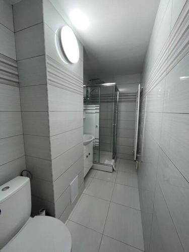 a white bathroom with a toilet and a shower at Apartament regim hotelier in Caransebeş