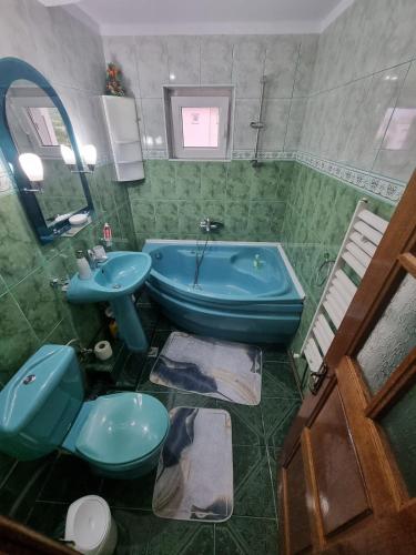 a bathroom with a tub and a toilet and a sink at Emily Residence in Curtea de Argeş