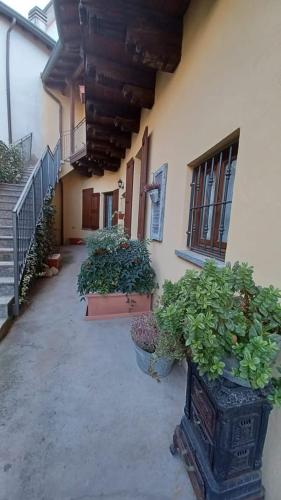 a courtyard with potted plants in pots next to a building at Antica Dimora affittacamere in Cantù