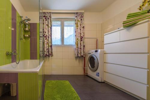 a bathroom with a sink and a washing machine at Trendapartment in Russbach am Pass Gschütt