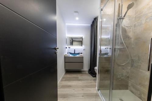 y baño con ducha y lavamanos. en Le Vulcano : duplex lounge !, en Vesoul