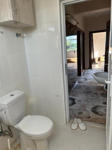 ein Bad mit einem WC und einem Waschbecken in der Unterkunft Inside olive trees, 7 min to sea in Serik